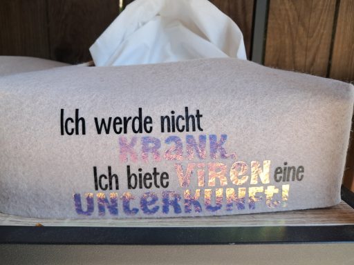 Text auf einer grauen Oberfläche: "Ich werde nicht krank, ich biete mir eine Unterkunft!"