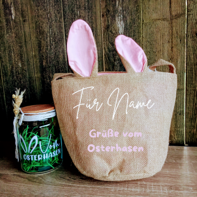 Beige Tasche mit rosa Ohren und Schriftzug "Für Name, Grüße vom Osterhasen".